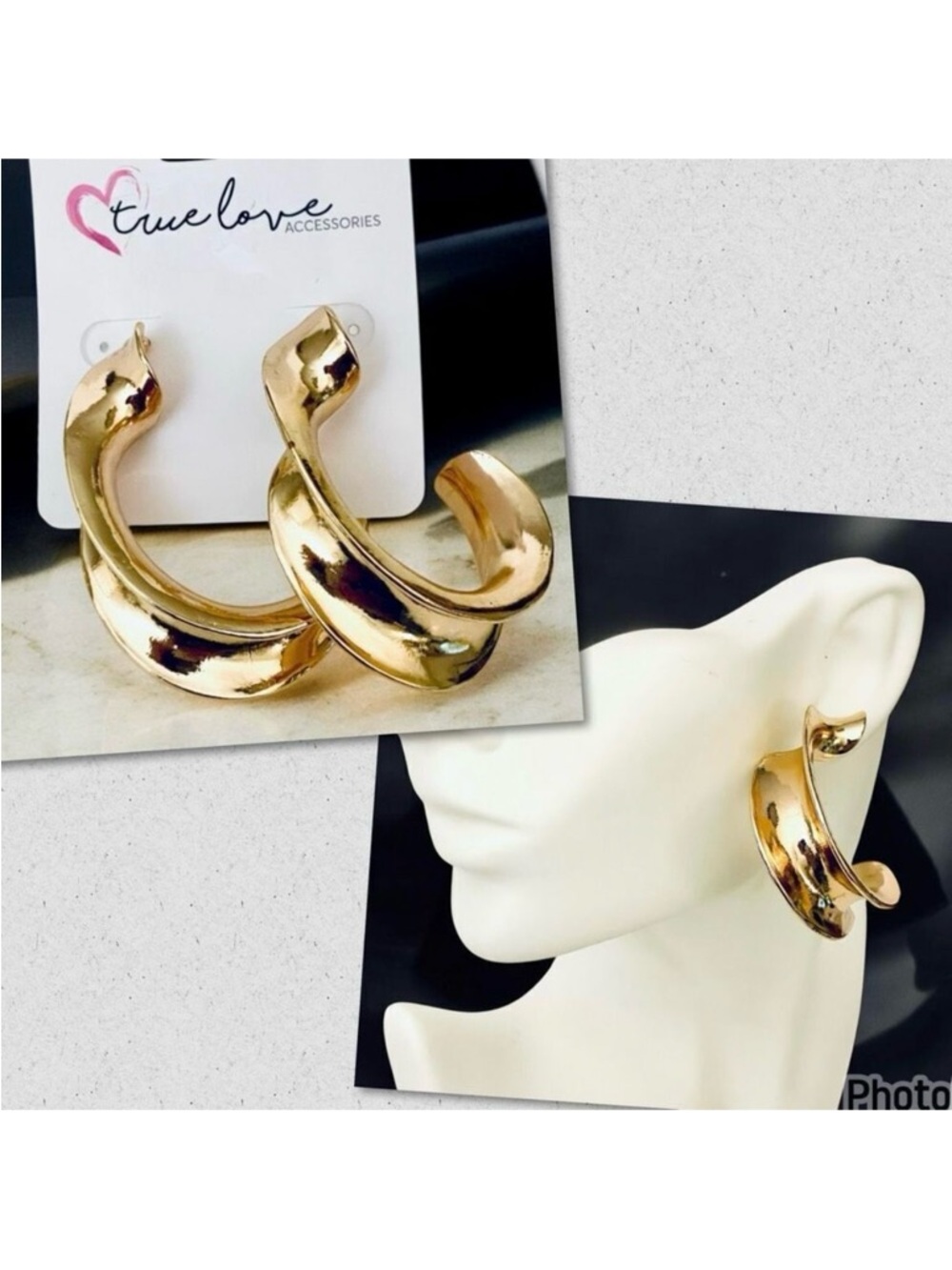 NWT True Love Gold Polished Chunky Heavy Twisted C Shape Open Hoop Earrings